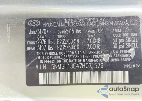 2007 Hyundai Santa Fe Limited/Se from USA, damaged, VIN 5NMSH13E47H071579